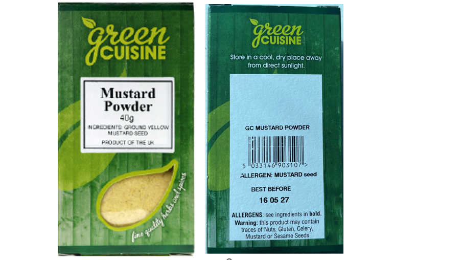 Front and back of pack of Green Cuisine Mustard Powder