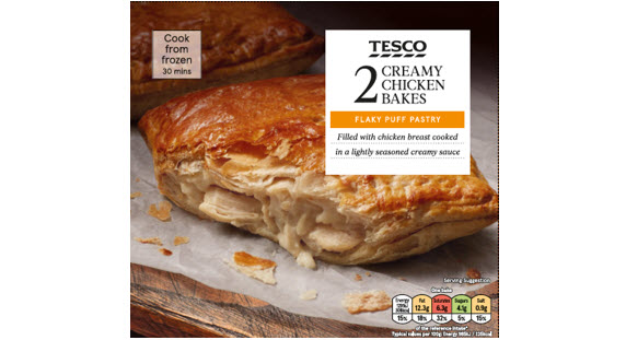 Front of pack of Tesco Creamy Chicken Bakes